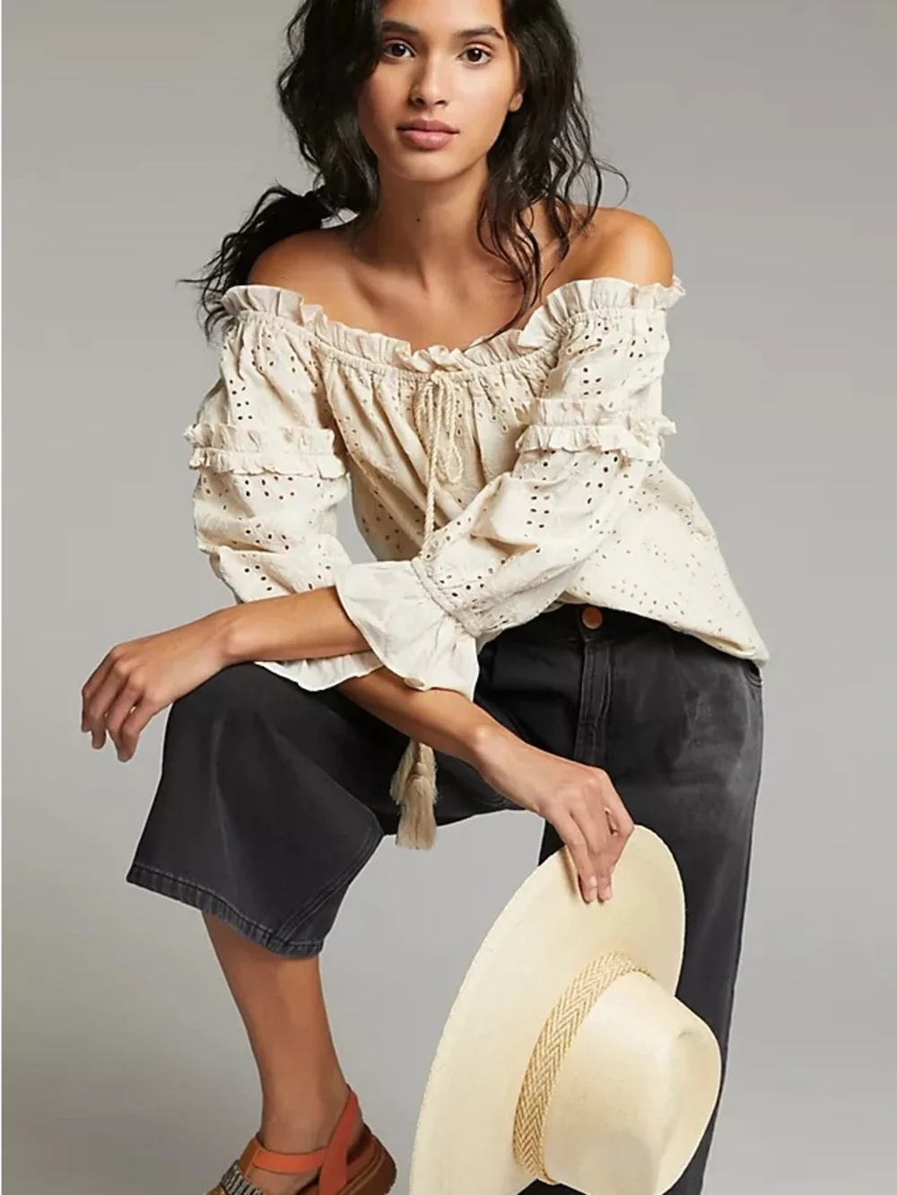 Anthropologie seen worn kept Jane eyelet lace off shoulder cream blouse size 6